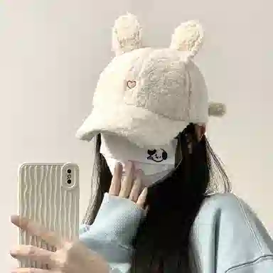 冠辉 卡通可爱兔耳朵子可爱保暖日系潮显脸小大头围保暖 羊毛混纺 鸭舌帽 男女同款情侣款