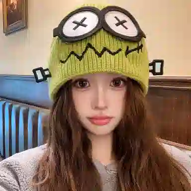 冠辉 韩版机器人保暖卡通大眼睛百搭潮可爱卡通萌系搞怪眼睛笑脸 棉线 绒线帽 男女同款情侣款