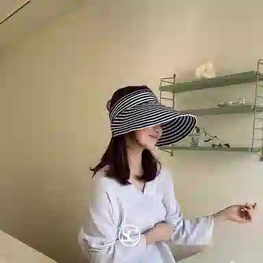 冠辉 大帽檐防晒帽港风日记原创黑白米条纹大帽檐防晒帽法式气质空顶帽可卷折 聚酯纤维 织带帽 男女同款情侣款