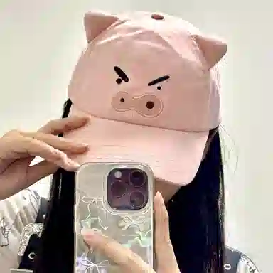 冠辉 可爱搞怪小猪猪可爱卡通时尚潮流硬顶立体大脸显脸小遮阳防晒帽时尚百搭甜美呆萌 棉 鸭舌帽 男女同款情侣款