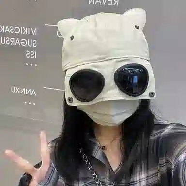 冠辉 韩系飞行员街头嘻哈风带墨镜可爱搞怪减龄猫耳朵大头围正反两戴个性款可爱搞怪减龄棒球遮阳帽 棉 鸭舌帽 男女同款情侣款