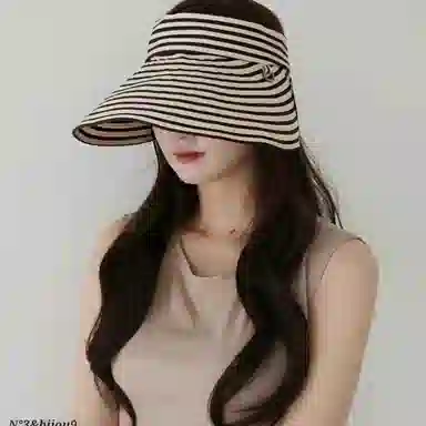 冠辉 大帽檐防晒帽港风日记原创黑白米条纹大帽檐防晒帽法式气质空顶帽可卷折 聚酯纤维 织带帽 男女同款情侣款
