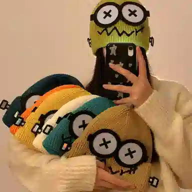 冠辉 韩版机器人保暖卡通大眼睛百搭潮可爱卡通萌系搞怪眼睛笑脸 棉线 绒线帽 男女同款情侣款