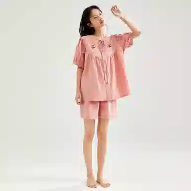 顶瓜瓜 可爱樱桃刺绣舒适透气睡衣套装 女款