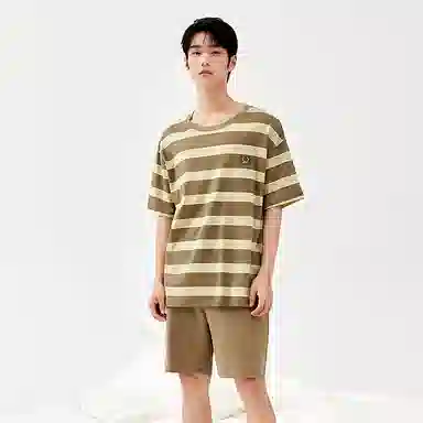 顶瓜瓜 简约条纹百搭透气柔软舒适可外穿短袖短裤睡衣套装 男款