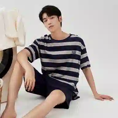 顶瓜瓜 简约条纹百搭透气柔软舒适可外穿短袖短裤睡衣套装 男款
