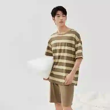 顶瓜瓜 简约条纹百搭透气柔软舒适可外穿短袖短裤睡衣套装 男款