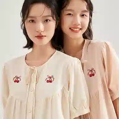 顶瓜瓜 可爱樱桃刺绣舒适透气睡衣套装 女款