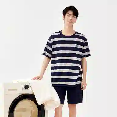 顶瓜瓜 简约条纹百搭透气柔软舒适可外穿短袖短裤睡衣套装 男款