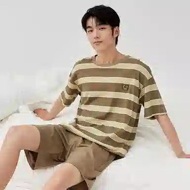 顶瓜瓜 简约条纹百搭透气柔软舒适可外穿短袖短裤睡衣套装 男款