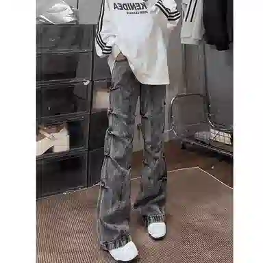 悍戈 机能弯刀设计感潮牌褶皱工装休闲裤牛仔裤 男女同款
