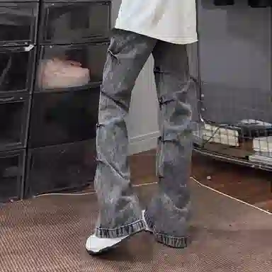 悍戈 机能弯刀设计感潮牌褶皱工装休闲裤牛仔裤 男女同款