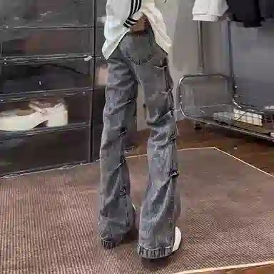 悍戈 机能弯刀设计感潮牌褶皱工装休闲裤牛仔裤 男女同款
