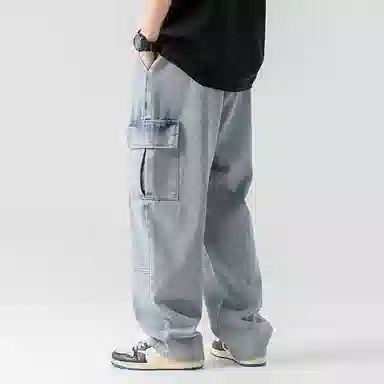 白卷 纯色抽绳复古做旧洗水双立体口袋工装裤 男女同款 蓝色