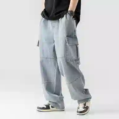 白卷 纯色抽绳复古做旧洗水双立体口袋工装裤 男女同款 蓝色