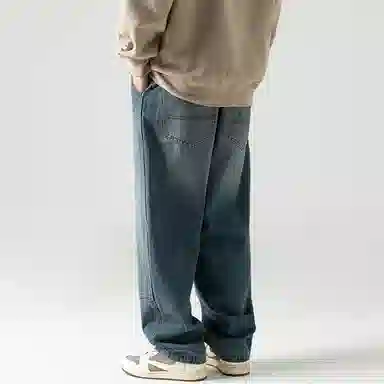 Baijuan Vintage Washed Double Knee Cargo Jeans Blue