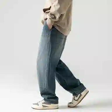 Baijuan Vintage Washed Double Knee Cargo Jeans Blue