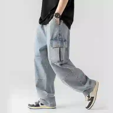 白卷 纯色抽绳复古做旧洗水双立体口袋工装裤 男女同款 蓝色