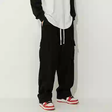 白卷 复古宽松工装口袋打褶灯芯绒休闲裤 男女同款 黑色