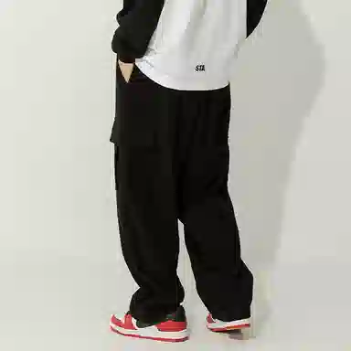 白卷 复古宽松工装口袋打褶灯芯绒休闲裤 男女同款 黑色