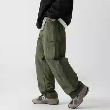 白卷 户外纯色宽松打褶抽绳直筒工装大口袋休闲裤 男女同款