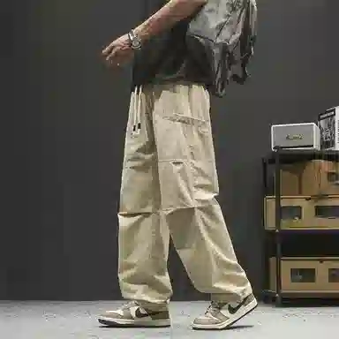 【dme】 日系潮流户外风纯色基础款简约宽松舒适顺滑冰丝凉感日常百搭松紧腰系带学院风梭织直筒休闲裤 男女同款