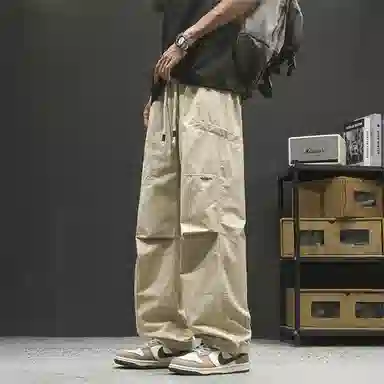 【dme】 日系潮流户外风纯色基础款简约宽松舒适顺滑冰丝凉感日常百搭松紧腰系带学院风梭织直筒休闲裤 男女同款