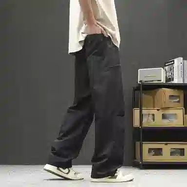 【dme】 日系潮流户外风纯色基础款简约宽松舒适顺滑冰丝凉感日常百搭松紧腰系带学院风梭织直筒休闲裤 男女同款