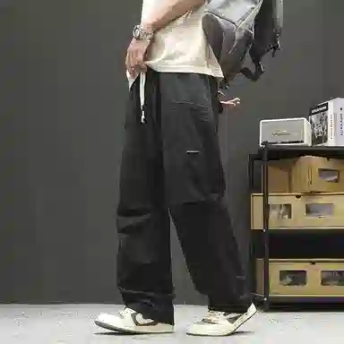 【dme】 日系潮流户外风纯色基础款简约宽松舒适顺滑冰丝凉感日常百搭松紧腰系带学院风梭织直筒休闲裤 男女同款