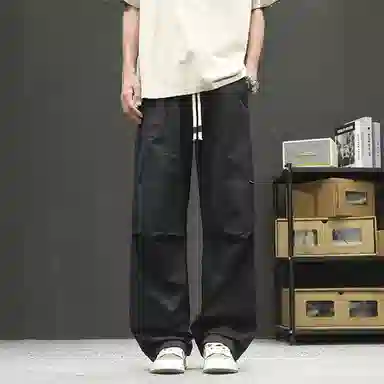 【dme】 日系潮流户外风纯色基础款简约宽松舒适顺滑冰丝凉感日常百搭松紧腰系带学院风梭织直筒休闲裤 男女同款