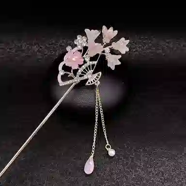 【一簪如画】 指尖瑰宝 古风粉色铃兰扇子流苏簪子新中式国潮复古小众设计创意感温柔气质甜美汉服盘发 合金/锆石/滴油 发簪 女款