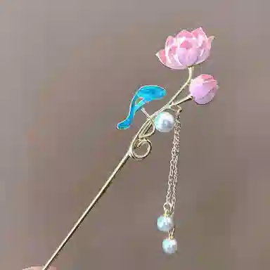 指尖瑰宝 中式国潮荷花流苏步摇好运连连优雅大气美丽动人复古典雅简约大方汉服旗袍配饰 合金 发簪 女款