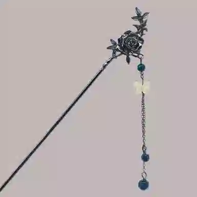 指尖瑰宝 玫瑰人生 新中式古风玫瑰蝴蝶发饰 高级感立体不规则清冷风 甜酷个性 合金 发簪 女款