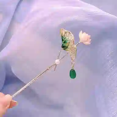 【荷其有幸】 指尖瑰宝 国潮荷花荷叶新中式温柔步摇国风复古小众设计通勤服饰轻奢气质百搭精致高级感发饰配饰 合金 发簪 女款