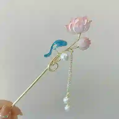 指尖瑰宝 中式国潮荷花流苏步摇好运连连优雅大气美丽动人复古典雅简约大方汉服旗袍配饰 合金 发簪 女款