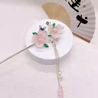 【桃花朵朵开】 指尖瑰宝 简约大气蝴蝶流苏古风簪子现代盘发步摇高级感旗袍汉服带发饰优雅气质 合金 发簪 女款