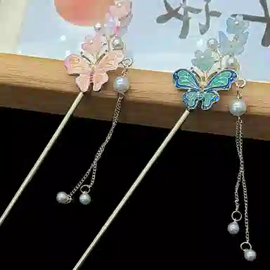 【蝴蝶泉边】 指尖瑰宝 新中式花朵古风发饰高级感满满流苏步摇汉服旗袍盘发发钗精致大气 镀银 发簪 女款