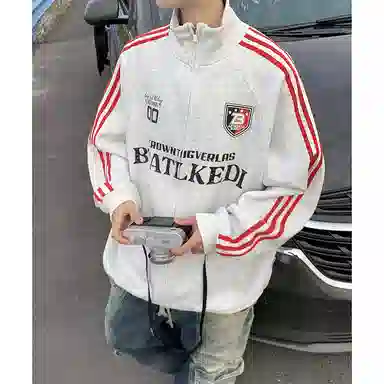 悍戈 美式潮牌高街复古重磅趣味字母徽章印花经典三条杠条纹拼接外套痞帅街头时尚潮流舒适百搭宽松立领落肩垂感直筒开衫卫衣 男女同款