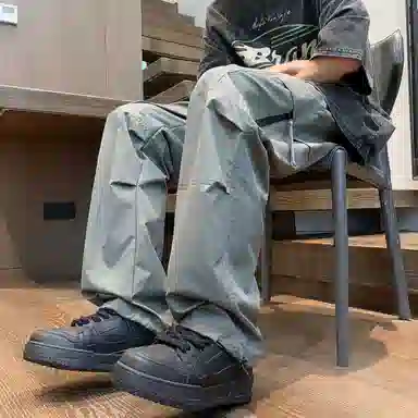 虫小绿 美式复古山系耐磨口袋褶皱工装裤基础款纯色冰丝凉感潮流百搭垂感拖地露营登山机能拉链宽松高街直筒休闲裤 男女同款
