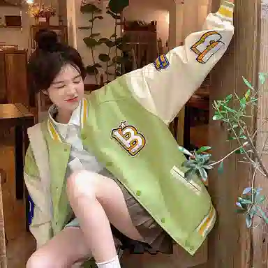 美式潮牌高街重磅撞色趣味小熊字母刺绣拼接外套街头痞帅潮流舒适百搭宽松休闲领落肩垂感直筒开衫棒球服 男女同款