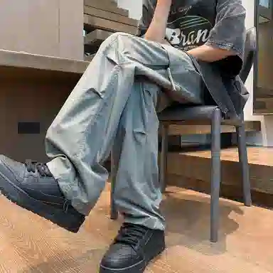 虫小绿 美式复古山系耐磨口袋褶皱工装裤基础款纯色冰丝凉感潮流百搭垂感拖地露营登山机能拉链宽松高街直筒休闲裤 男女同款