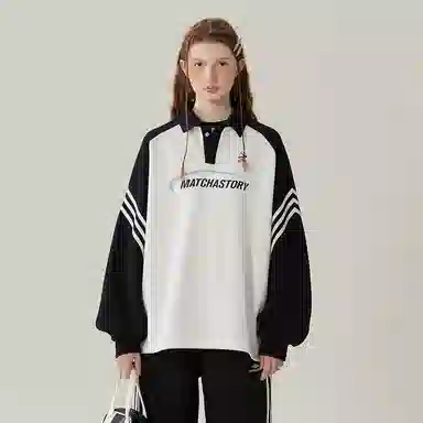 MATCHA STORY Retro College Polo Sweatshirt