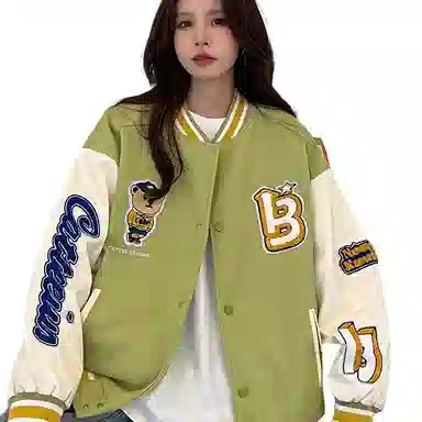 美式潮牌高街重磅撞色趣味小熊字母刺绣拼接外套街头痞帅潮流舒适百搭宽松休闲领落肩垂感直筒开衫棒球服 男女同款