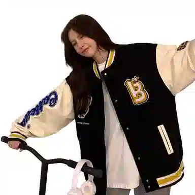 美式潮牌高街重磅撞色趣味小熊字母刺绣拼接外套街头痞帅潮流舒适百搭宽松休闲领落肩垂感直筒开衫棒球服 男女同款