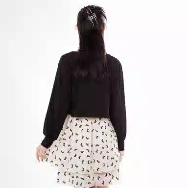 御茶家 韩系碎花收腰显瘦短款裙子纯色长袖罩衫裙装套装 女款 两件套 春季新款