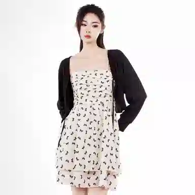 御茶家 韩系碎花收腰显瘦短款裙子纯色长袖罩衫裙装套装 女款 两件套 春季新款