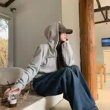 玉儿恋 美式复古连帽短款收腰设计感外套卫衣 女款