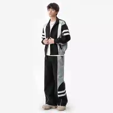 左岸 青少年春秋百搭潮流宽松两件套时尚设计感拼接撞色翻领开衫上衣长裤搭配一整套休闲运动套装 男款