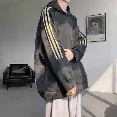 左岸 侧边织带条纹扎染上衣男春秋季美式重磅连帽衫设计感大码脏脏外套卫衣 男款