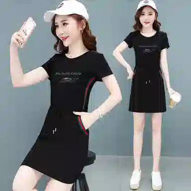 左岸 夏季轻薄时尚休闲潮流个性气质洋气高级感日常通勤户外活动修身显瘦显高舒适柔软透气吸汗冰爽短袖连衣裙 女款